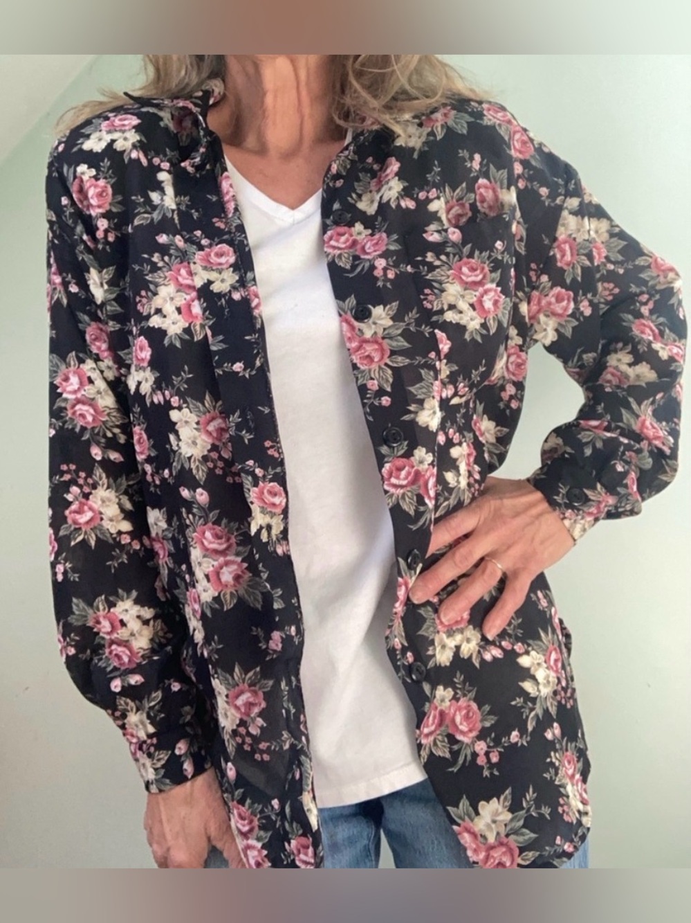 Vintage 80’s South Coast Floral Black and Pink Women's Top Size Small/Med